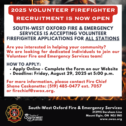 Volunteer Firefighter Recruitment Information contact firechief@swox.org for more information